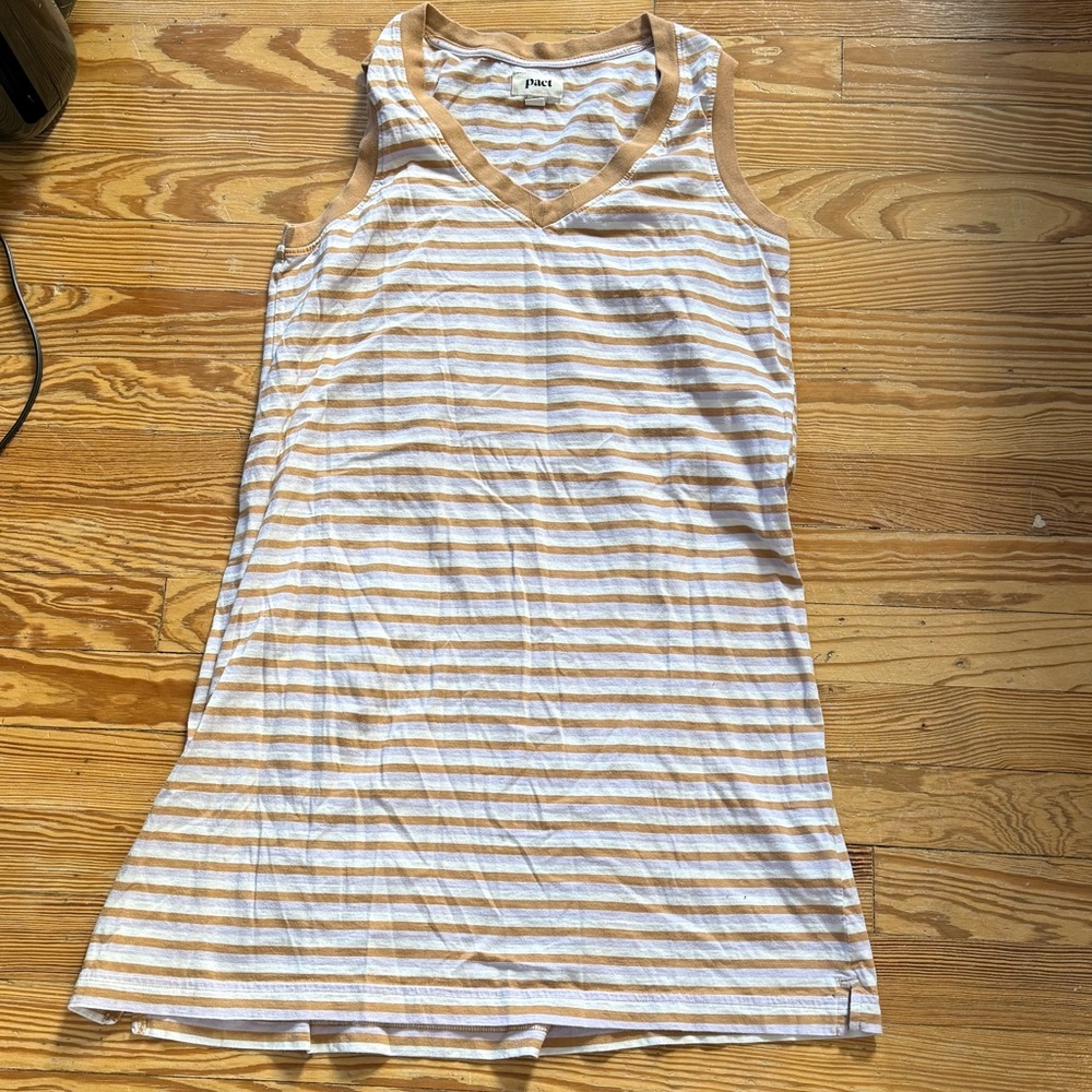 Pact Beige and White Striped Mini Dress